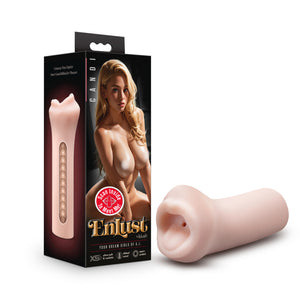 An image of the packaging & stroker laying beside. On the left side of packaging shows "Courtesy View depicts Inner canal ribbed for pleasure", and below is a side view of the stroker with a cutout view of the inner canal. Front of the packaging shows product name: Candi, a computer generated image of a topless woman, feature icons for: Scan inside to meet me!; X5+ Ultra-soft & realistic; ribbed canal; open-ended, brand name: Enlust by blush, and slogan: Your dream girls of A.I..
