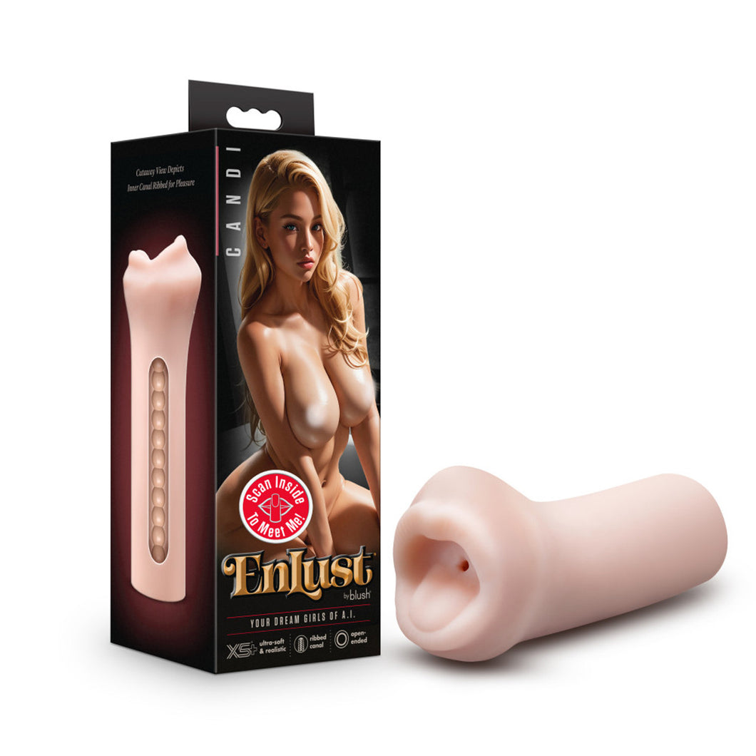An image of the packaging & stroker laying beside. On the left side of packaging shows 