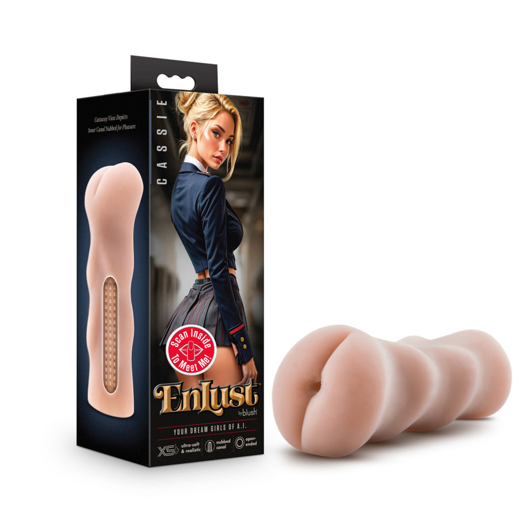 Product packaging, and beside is the stroker laying on its side. On left side of packaging displays text: Cutaway view depicts Inner canal nubbed for pleasure, and below an image of the stroker showing inside canal. The front shows product name: Cassie, a computer generated image of a woman standing sideways looking back, product feature icons for: Scan inside to meet me!; X5+ ultra-soft & realistic; Nubbed canal; Open Ended, brand name: EnLust by blush, and text below: Your Dream girls of A.I.