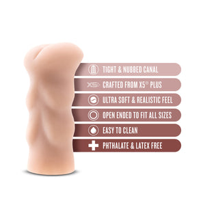 blush EnLust Cassie Stroker features: TIGHT & NUBBED CANAL; CRAFTED FROM X5 PLUS; ULTRA SOFT & REALISTIC FEEL; OPEN ENDED TO FIT ALL SIZES; EASY TO CLEAN; PHTHALATE & LATEX FREE.