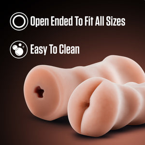An image of 2 strokers laying beside each other. The first stroker is showing its back, and the second stroker is showing its front. At the top are 2 feature icons for: Open Ended to fit all sizes; Easy to clean.