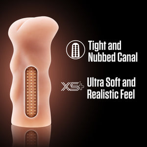 A computer generated image showing a cutaway view of the blush EnLust Cassie Stroker's inner canal. Beside are 2 feature icons for: Tight and nubbed canal; Ultra soft and Realistic feel.