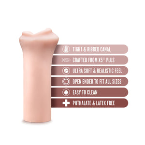  blush EnLust Candi Stroker feature icons for: TIGHT & RIBBED CANAL; CRAFTED FROM X5 PLUS; ULTRA SOFT & REALISTIC FEEL; OPEN ENDED TO FIT ALL SIZES; EASY TO CLEAN; PHTHALATE & LATEX FREE.