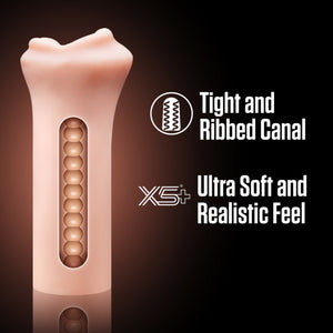 A computer generated image of the blush EnLust Candi Stroker's inner canal, and feature icons for: Tight and Ribbed canal; Ultra Soft and Realistic feel.