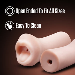 Feature icons for: Open Ended To Fit All Sizes; Easy to clean. Below are 2 blush EnLust Candi Strokers, one showing its front side, and the other is showing its back side.