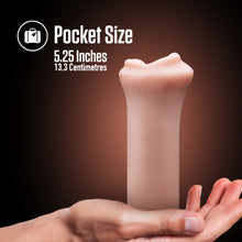 Load image into Gallery viewer, Feature icon for Pocket Size: 5.25 inches; 13.3 Centimetres. Below is a computer generated image of the blush EnLust Candi Stroker standing on the palm of a hand.