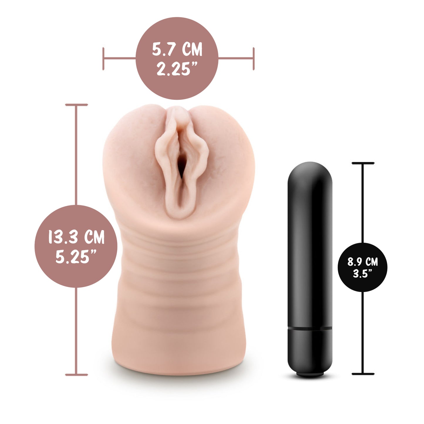 blush EnLust Destini Stroker's width: 5.7 centimeters / 2.25 inches; Stroker's length: 13.3 centimetres / 5.25 inches; Bullet Vibe's length: 8.9 centimetres / 3.5 inches.