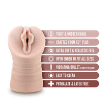 Load image into Gallery viewer, blush EnLust Destini Vibrating Stroker features: TIGHT &amp; NUBBED CANAL; CRAFTED FROM X5 PLUS; ULTRA SOFT &amp; REALISTIC FEEL; OPEN ENDED TO FIT ALL SIZES; VIBRATING BULLET TO AMPLIFY PLEASURE; EASY TO CLEAN; PHTHALATE &amp; LATEX FREE.