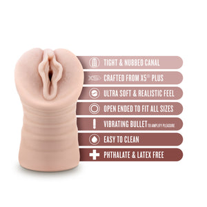 blush EnLust Destini Vibrating Stroker features: TIGHT & NUBBED CANAL; CRAFTED FROM X5 PLUS; ULTRA SOFT & REALISTIC FEEL; OPEN ENDED TO FIT ALL SIZES; VIBRATING BULLET TO AMPLIFY PLEASURE; EASY TO CLEAN; PHTHALATE & LATEX FREE.