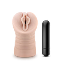 Load image into Gallery viewer, Front bottom view of the blush EnLust Destini Stroker, with the bullet vibe standing beside.