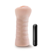 Load image into Gallery viewer, Side view of the blush EnLust Destini Stroker, and the bullet vibe standing beside.
