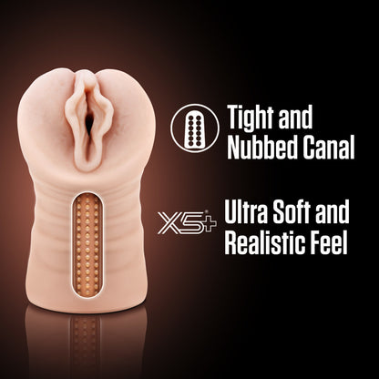 A computer generated image of the blush EnLust Destini Stroker cutaway view showing the nubbed inner canal. On the right side are product feature icons for: Tight and Nubbed canal; Ultra soft and Realistic feel.