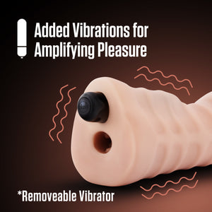 An image of the back side view of the blush EnLust Destini Vibrating Stroker, with vibrations waves illustrated around the stroker, showing the stroker is vibrating. Below is an asterisk *Removable Vibrator. On the top of the image is a feature icons for Added Vibrations for amplifying pleasure.