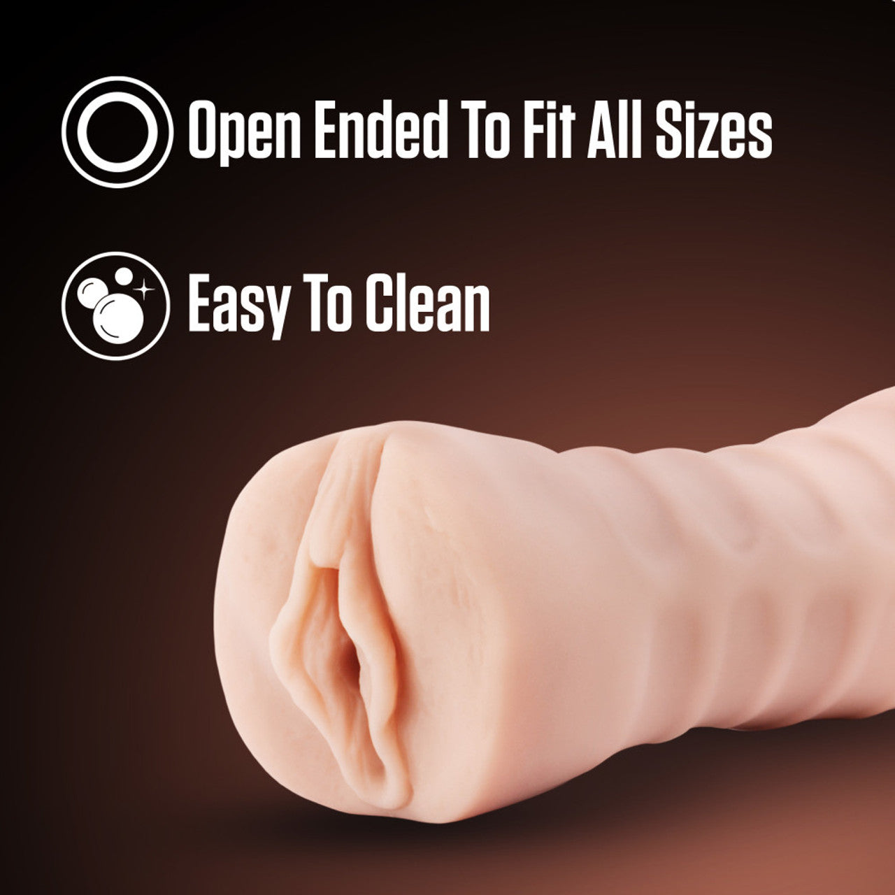 An image of the blush EnLust Destini Vibrating Stroker facing front laying on its side. On the top are feature icons for; Open Ended to fit all sizes; Easy to clean.