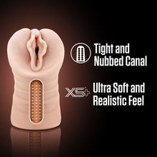 Load image into Gallery viewer, A computer generated image of the blush EnLust Destini Stroker cutaway view showing the nubbed inner canal. On the right side are product feature icons for: Tight and Nubbed canal; Ultra soft and Realistic feel.