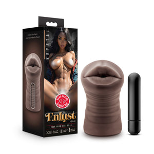 Package standing beside the stroker, and mini-vibe. Left side of packaging shows "Cutaway view depicts Inner Canal Nubbed for pleasure", below computer generated image of stroker's front bottom and cutaway view of inner canal. Front side shows product name: Krystal, a computer generated image of a naked woman sitting up with her legs spread, feature icons for: Scan inside to meet me!; X5+ Ultra-soft & realistic; nubbed canal; mini-vibe included, brand logo: Enlust by blush, and "Your dream girls of A.I.".