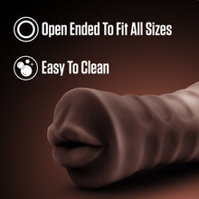 Load image into Gallery viewer, Image showing the front side of the blush EnLust Krystal Vibrating Stroker. On the top are feature icons for: Open ended to fit all sizes; Easy to clean.