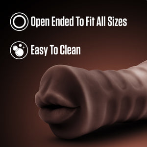 Image showing the front side of the blush EnLust Krystal Vibrating Stroker. On the top are feature icons for: Open ended to fit all sizes; Easy to clean.