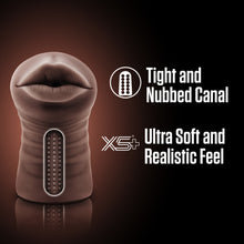 Load image into Gallery viewer, On the left side of the image is a computer generated image of the blush EnLust Krystal Vibrating Stroker with a cutaway view showing the inner canal of the stroker. Beside are feature icons for: Tight and Nubbed Canal; Ultra Soft and Realistic Feel.