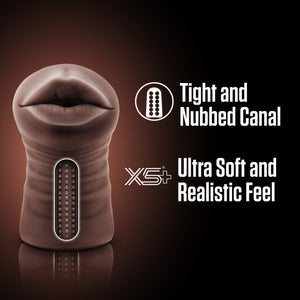 On the left side of the image is a computer generated image of the blush EnLust Krystal Vibrating Stroker with a cutaway view showing the inner canal of the stroker. Beside are feature icons for: Tight and Nubbed Canal; Ultra Soft and Realistic Feel.