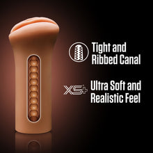Load image into Gallery viewer, A computer generated image of the blush EnLust Molly Stroker, and a cutaway view showing the inner canal of the stroker. Beside are feature icons for: Tight and ribbed canal; Ultra soft and Realistic feel.