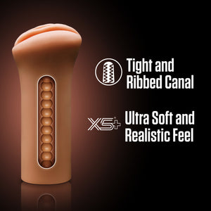 A computer generated image of the blush EnLust Molly Stroker, and a cutaway view showing the inner canal of the stroker. Beside are feature icons for: Tight and ribbed canal; Ultra soft and Realistic feel.