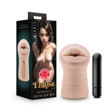 Load image into Gallery viewer, Product packaging standing beside the stroker and Mini-Vibe. Left side of packaging has printed text &quot;Cutaway view depicts Inner canal nubbed for pleasure&quot;, and computer generated image of cutaway view showing the inner canal. The front has product name: Nicole, computer generated image of a naked woman bent-over with her hands behind, product feature icons: Scan inside to meet me!; X5+ ultra-soft &amp; realistic; nubbed canal; mini-vibe included, brand name: EnLust by blush, and &quot;Your dream girls of A.I.&quot;.