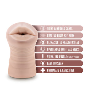 blush EnLust Nicole Vibrating Stroker features: TIGHT & NUBBED CANAL; CRAFTED FROM X5 PLUS; ULTRA SOFT & REALISTIC FEEL; OPEN ENDED TO FIT ALL SIZES; VIBRATING BULLET TO AMPLIFY PLEASURE; EASY TO CLEAN; PHTHALATE & LATEX FREE.