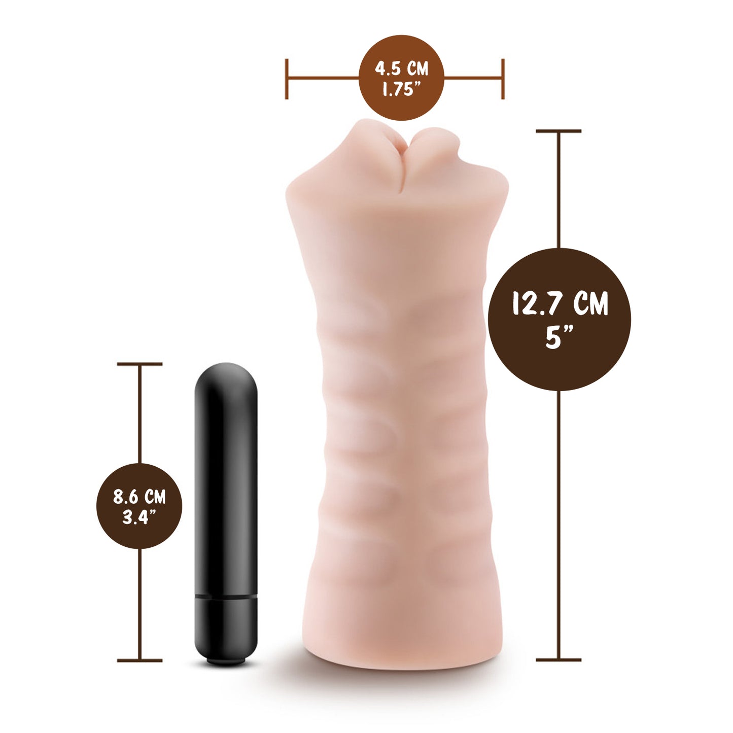 blush EnLust Nicole Stroker width: 4.5 centimetres / 1.75 inches; Stroker's legnth: 12.7 centimetres / 5 inches; Mini-Vibe's length: 8 centimetres / 3.4 inches.