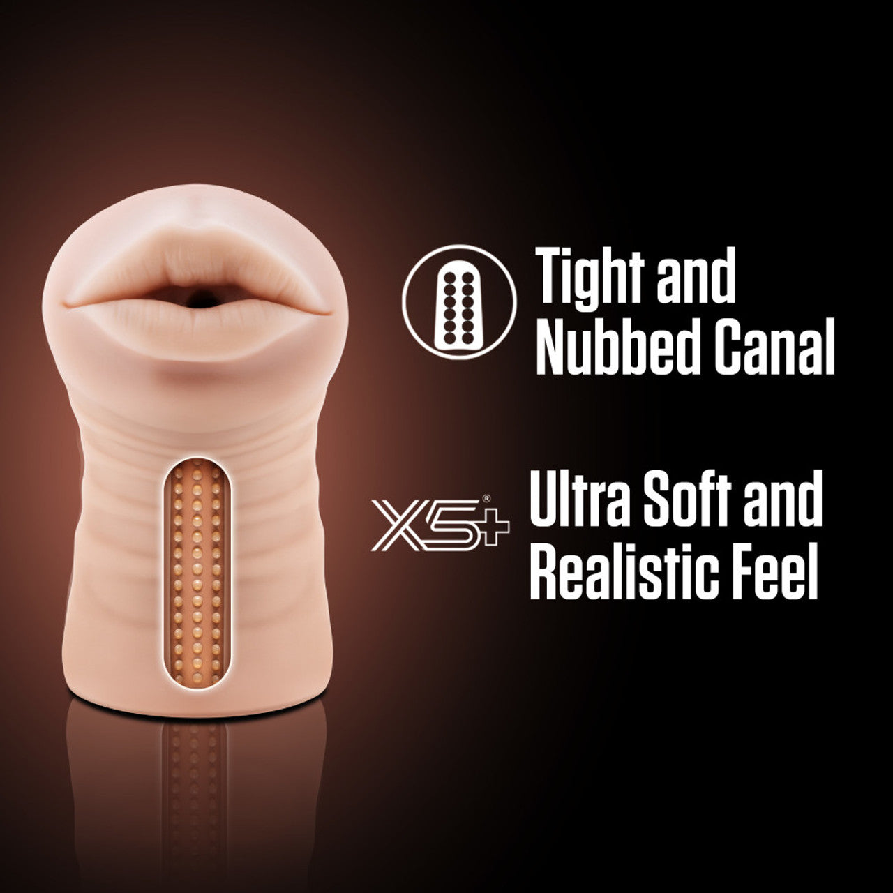 On the left side of the image is a computer genrated image of the blush EnLust Nicole Vibrating Stroker with a cutaway view showing the inner canal. Beside are feature icons for: Tight and Nubbed canal; Ultra Soft and Realistic feel.