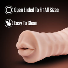 Load image into Gallery viewer, Image showing front side of the blush EnLust Nicole Vibrating Stroker. Above are feature icons for: Open Ended to fit all sizes; Easy to clean.