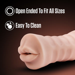 Image showing front side of the blush EnLust Nicole Vibrating Stroker. Above are feature icons for: Open Ended to fit all sizes; Easy to clean.