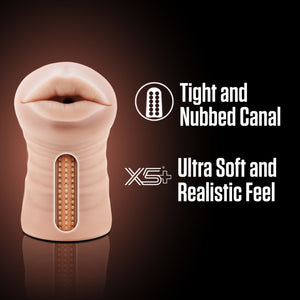 On the left side of the image is a computer genrated image of the blush EnLust Nicole Vibrating Stroker with a cutaway view showing the inner canal. Beside are feature icons for: Tight and Nubbed canal; Ultra Soft and Realistic feel.