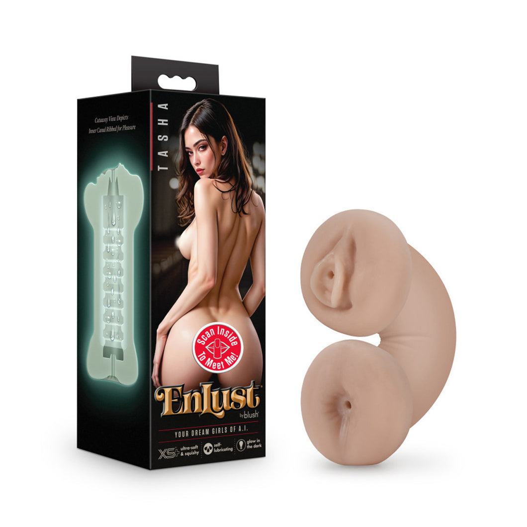 Product packaging standing beside the stroker bent in half. Left side of packaging shows text: Cutaway view depicts inner canal ribbed for pleasure, and below a computer generated image of the stroker's inner canal. Front side shows product name: Tasha, a computer generated image of a naked woman turned away while looking back, product feature icons for: Scan inside to meet me!; X5+ Ultra-Soft & squishy; Self-Lubricating; Glow in the dark, brand logo: EnLust by blush, and slogan: Your dream girls of A.I..