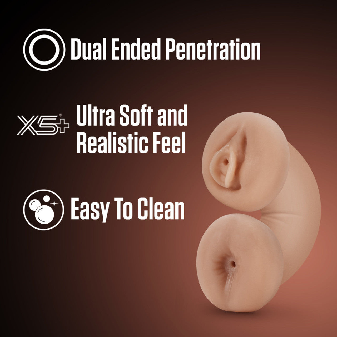 A computer generated image of the blush Enlust Tasha Soft and Wet Glow In The Dark Stroker bent in half with both ends of the stroker visible. On the left side of the image are feature icons for: Dual ended penetration; Ultra soft and realistic feel; Easy to clean.