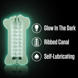 A computer generated image of the blush Enlust Tasha Soft and Wet Glow In The Dark Stroker, glowing turquoise colour (illustrating glow in the dark feature), cut at the half showing the ribbed inner canal and along the sides of the canal are water drops showing the self-lubricating features. Beside are feature icons for: Glow in the dark; Ribbed canal; Self-Lubricating.