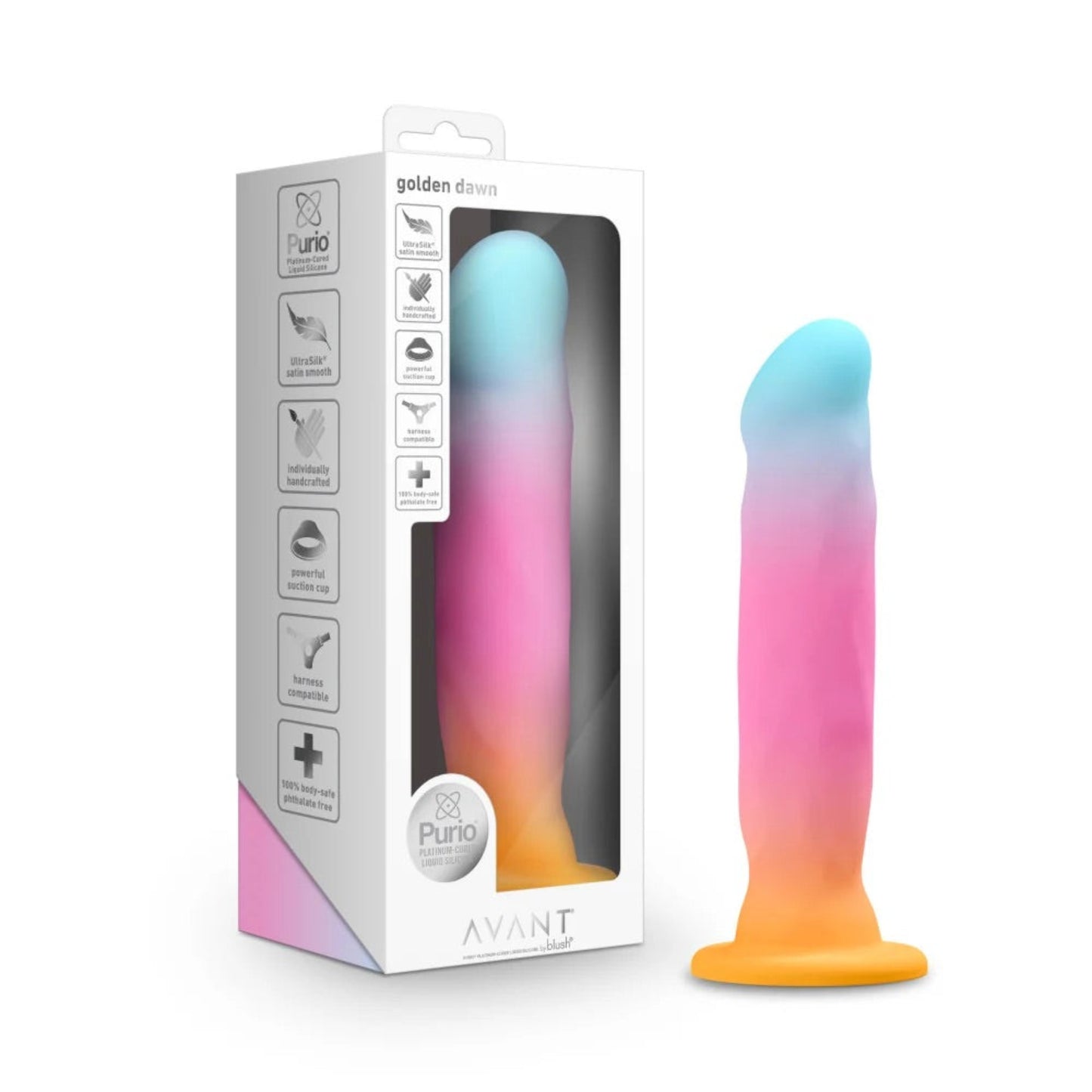 Retail product packaging and standalone Avant Golden Dawn multicolour liquid silicone dildo standing upright against a clean white background.