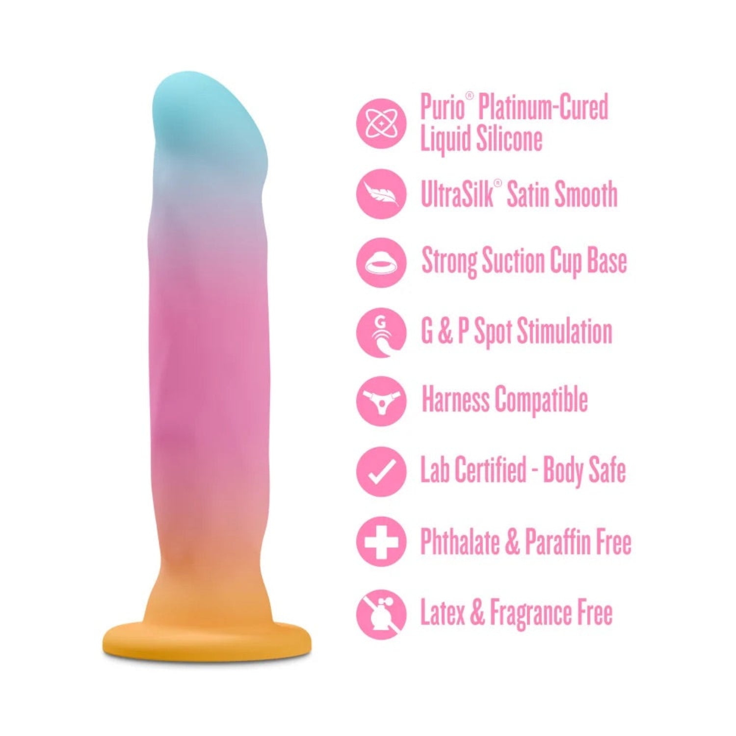 Feature infographic for the Avant Golden Dawn highlighting Purio platinum-cured silicone, UltraSilk texture, suction base, and body-safe certification.