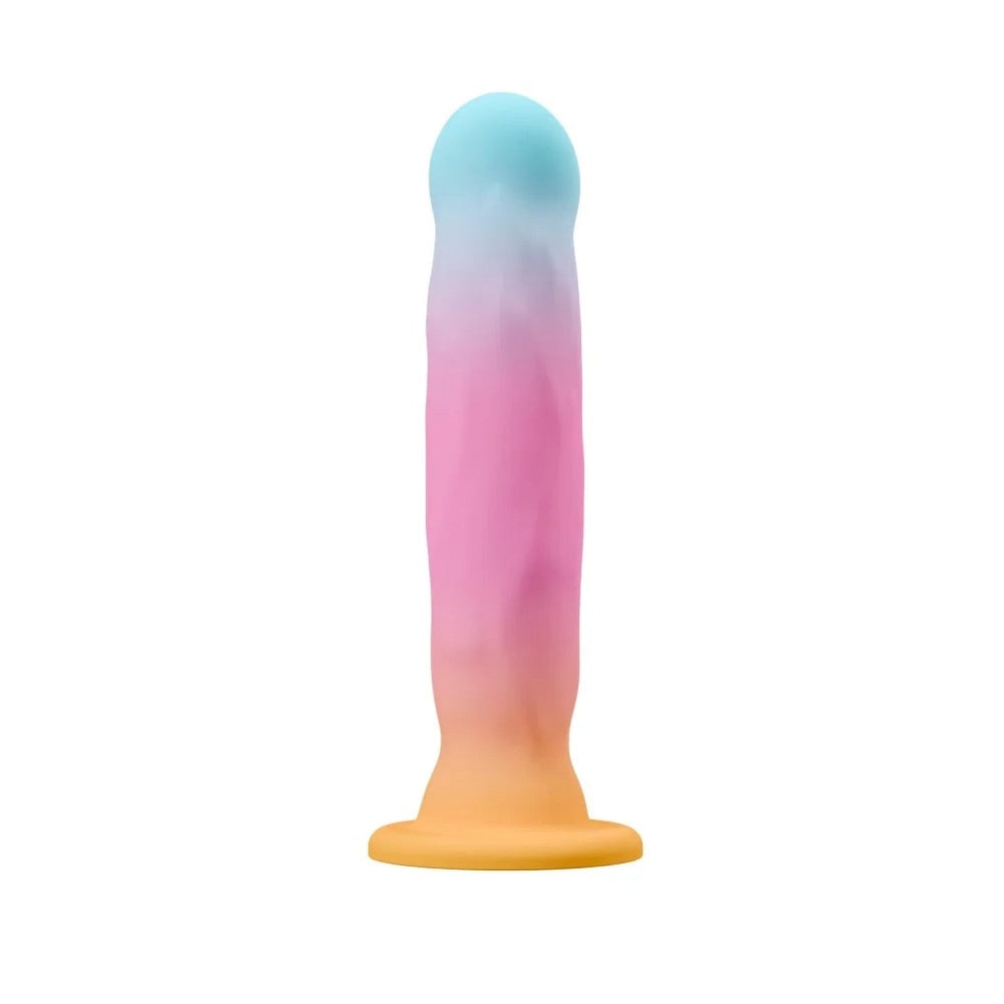Rear view of the Avant Golden Dawn pastel gradient silicone dildo showing the blue rounded tip, pink contoured shaft, and yellow flared suction base.