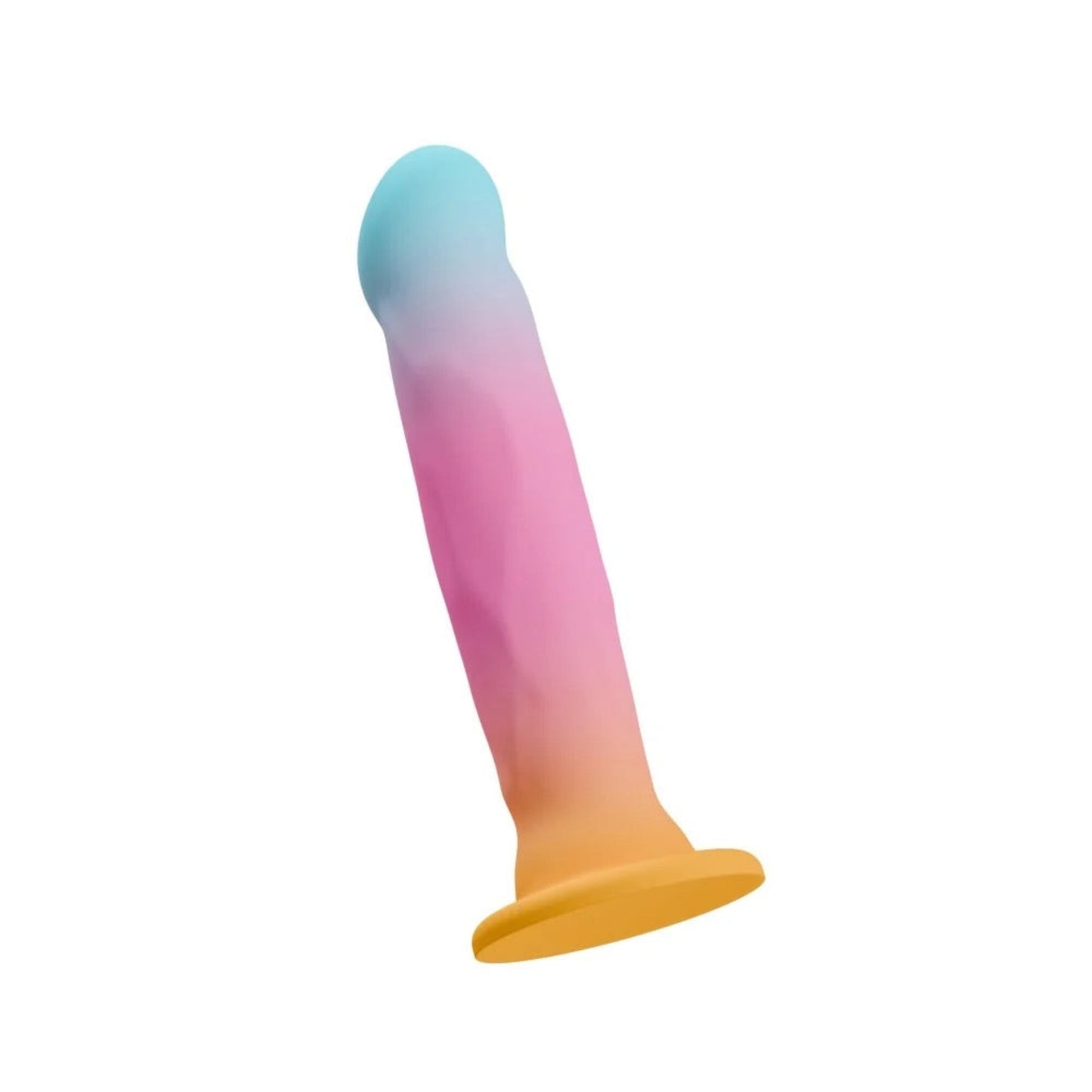 Angled bottom perspective of the Avant Golden Dawn dildo highlighting the wide suction cup base and smooth artisanal pastel colourway.