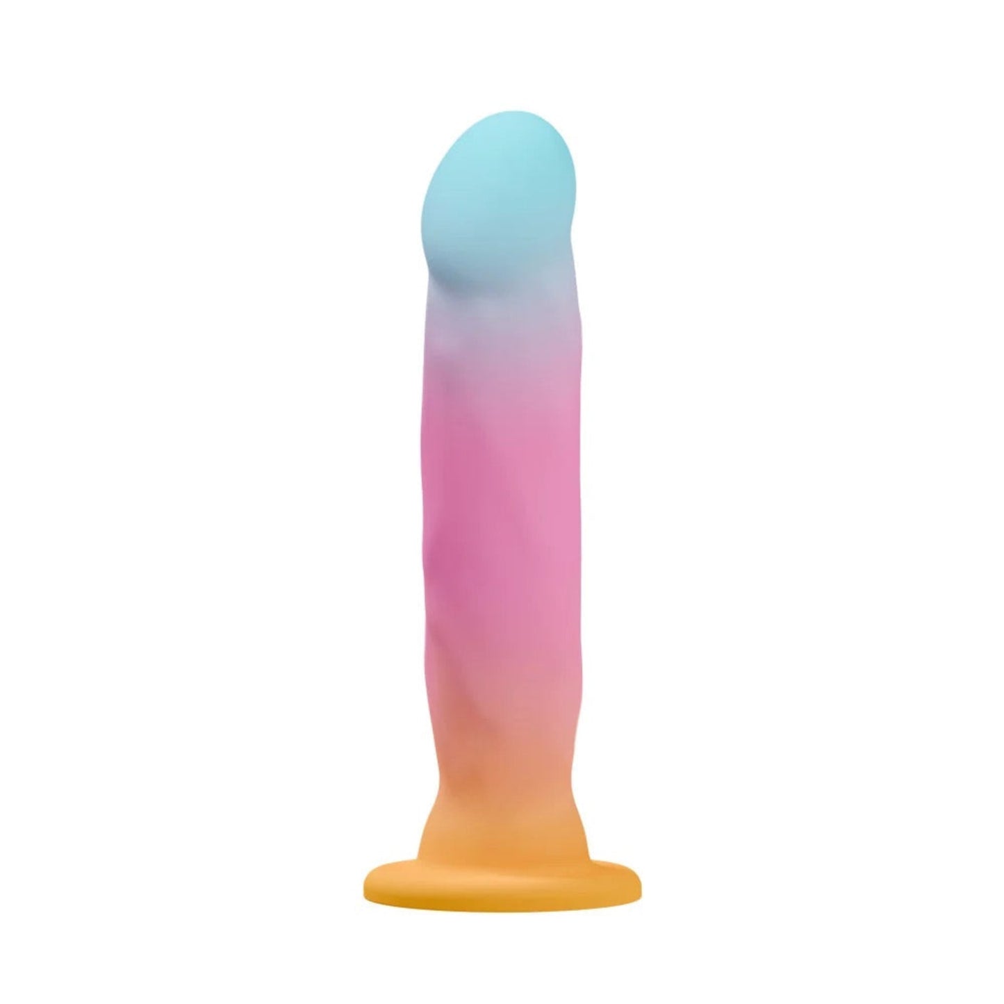 Front profile view of the Avant Golden Dawn silicone dildo displaying its ergonomic G-spot curved head and seamless satin finish.
