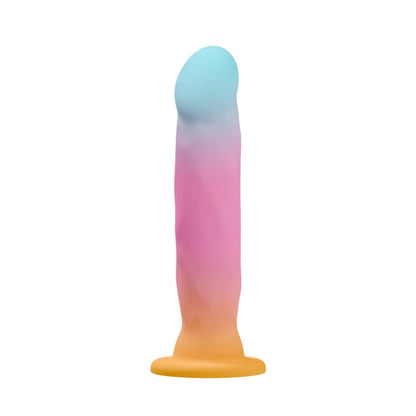 Front profile view of the Avant Golden Dawn silicone dildo displaying its ergonomic G-spot curved head and seamless satin finish.