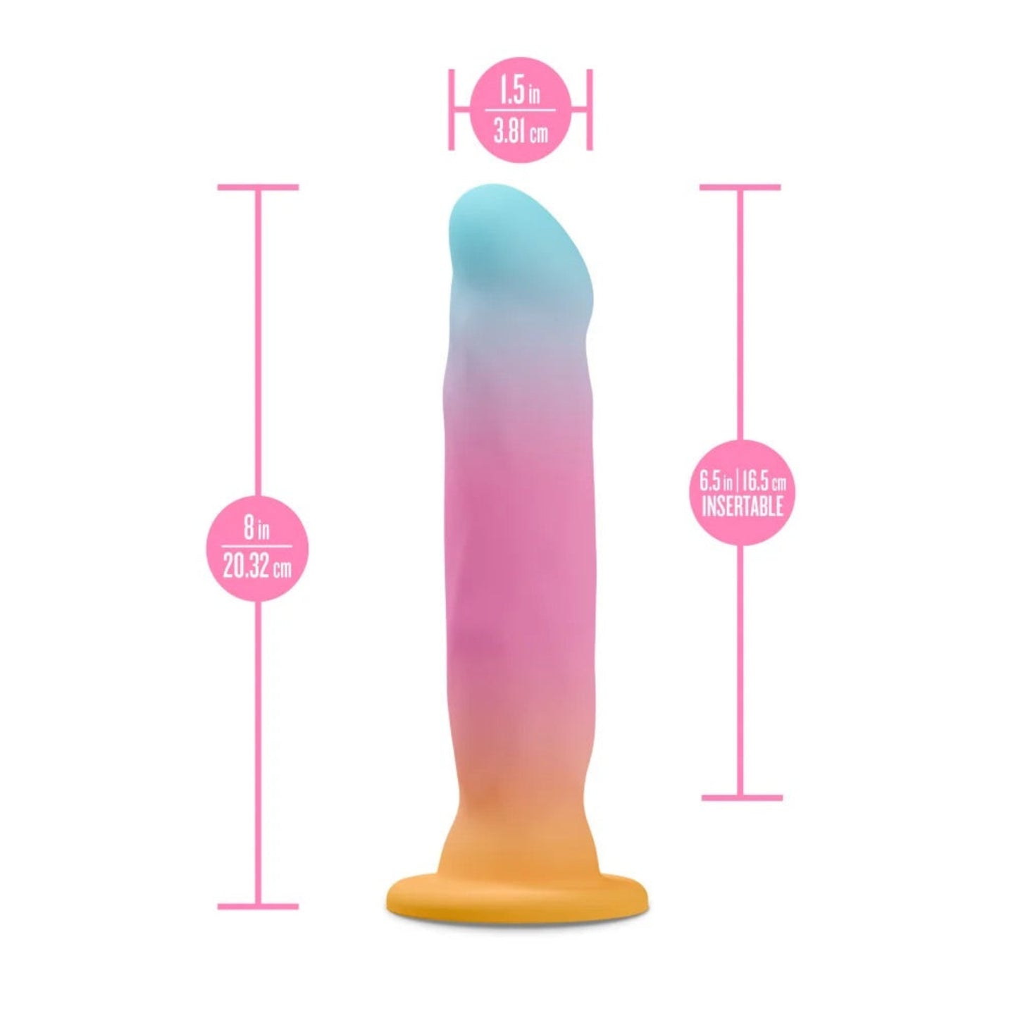 Dimensional diagram of the Avant Golden Dawn dildo indicating 20.32-centiemtre / 8-inch total length, 16.5-centimetre / 6.5-inch insertable length, and 3.81-centimetre / 1.5-inch diameter.