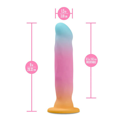 Dimensional diagram of the Avant Golden Dawn dildo indicating 20.32-centiemtre / 8-inch total length, 16.5-centimetre / 6.5-inch insertable length, and 3.81-centimetre / 1.5-inch diameter.