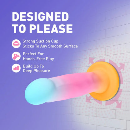 Avant Golden Dawn suction dildo mounted to a smooth bathroom wall tile demonstrating secure hands-free play.
