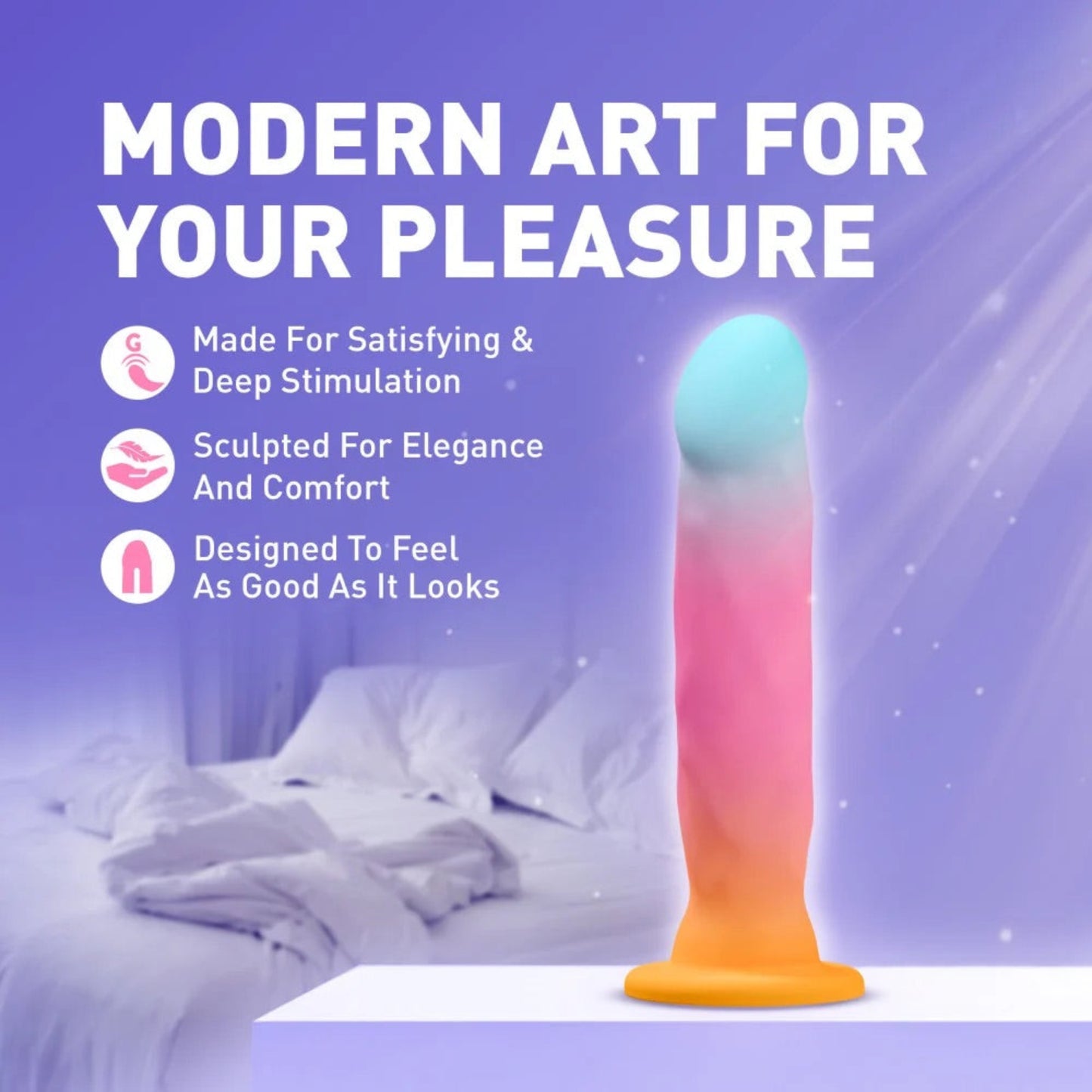 Avant Golden Dawn pastel silicone dildo standing upright on a nightstand as discreet sculptural bedroom decor.