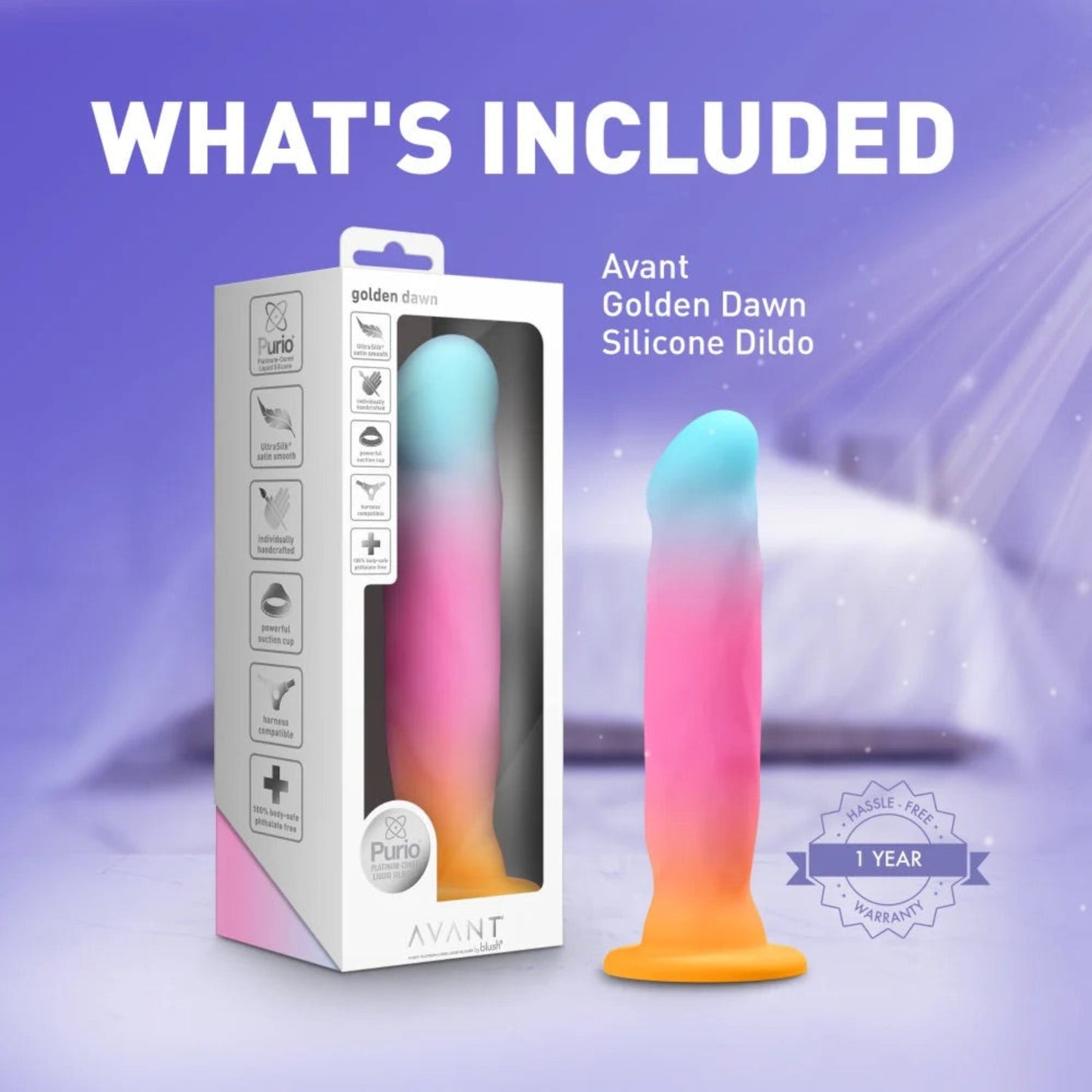 Avant Golden Dawn pastel silicone dildo displayed alongside its branded retail box and 1-year warranty badge.
