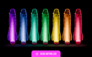 blush Glow Dicks 20 cm / 8" Molly Glitter Vibrator 7 color shifting LEDs (from left to right): Purple; Blue; Aqua; Green; Yellow; Orange; Red.