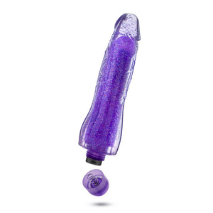 Side view of the blush Glow Dicks 20 cm / 8" Molly Glitter Vibrator, with open battery cap.