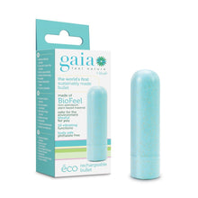 Load image into Gallery viewer, On the left side of the image is the Aqua variant product packaging, On the packaging gaia logo, feel nature by blush, the world&#39;s first sustainably made bullet, made of BioFeel non-petroleum plant-based material, safer for the environment blissful for you, 10 vibrating functions, body safe phthalate free, to the right is an image of the product, and at the bottom is the product name eco rechargeable bullet. Beside the packaging is the blush Gaia Eco Rechargeable aqua Bullet standing on its back.